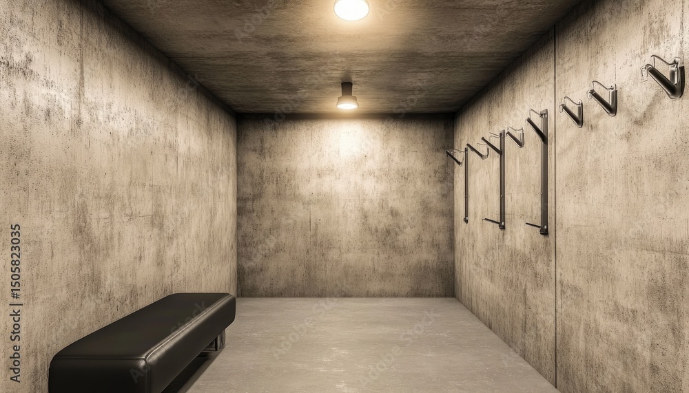 Poster empty concrete corridor with bench and hooks lit by a single light