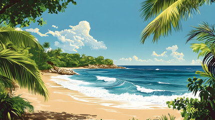 Tropical beach scene with lush vegetation and blue water.