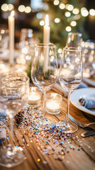 Fototapeta premium Elegant celebration dinner table with glassware, candles, and glittering confetti