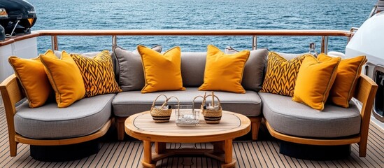 Luxury yacht deck seating with grey cushions and yellow pillows, overlooking the ocean.