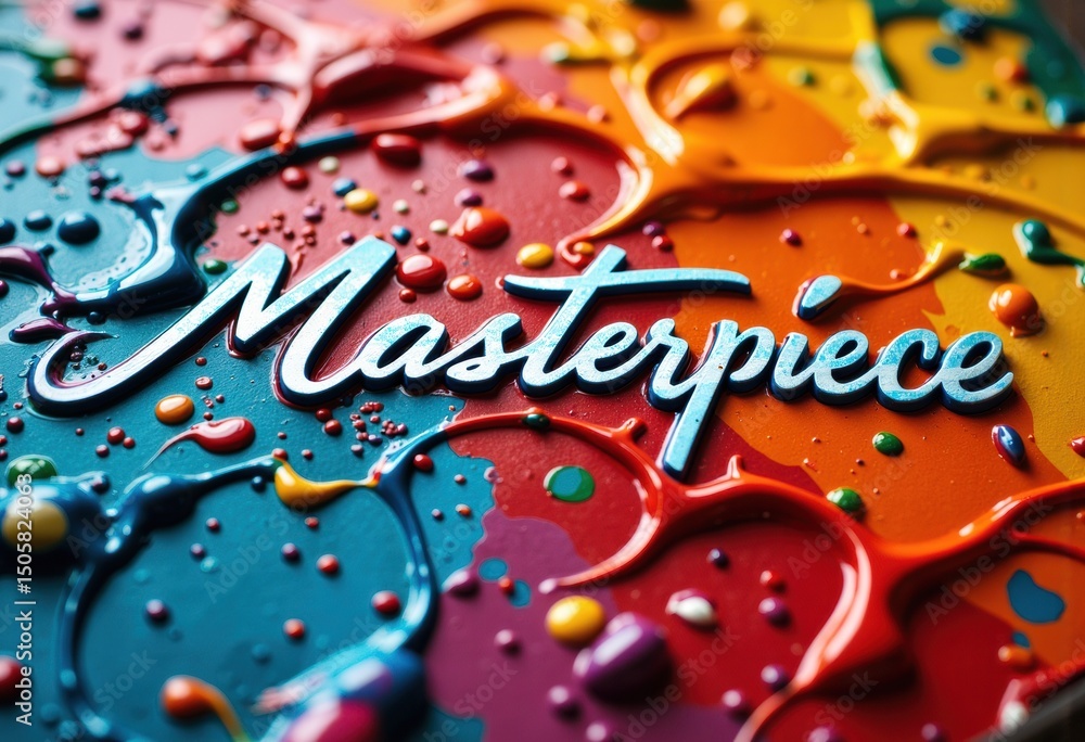 Poster colorful paint splashes with the word masterpiece in elegant script