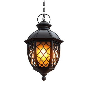 Vintage black metal hanging lantern with glowing light isolated PNG with Transparent Background