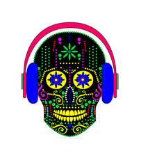 Colorful Skull with Headphones Illustration. A vibrant illustration features a black skull adorned with colorful decorations. The skull has yellow teeth, blue and yellow flower-like eyes, 