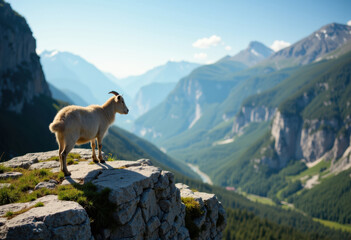 Naklejka premium A goat standing on a rocky ledge overlooking a stunning mountain landscape