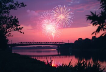 Colorful fireworks illuminate the sky over a tranquil river at sunset