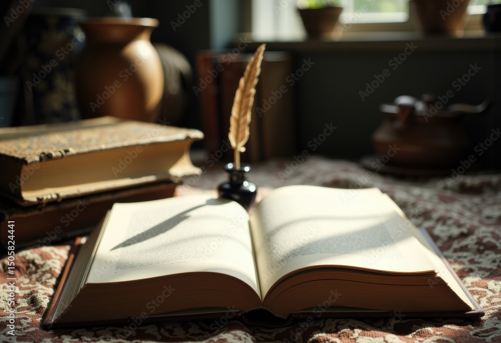 Poster open book with a feather quill on a patterned surface in a cozy indoor setting