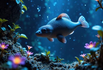 A vibrant underwater scene featuring a fish swimming among colorful flowers