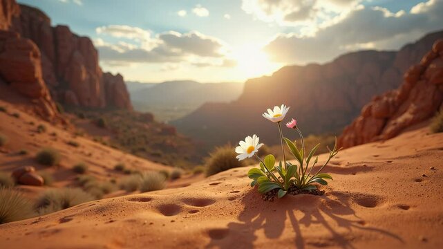 Flowers in canyon, resilient mood, blooming at sunset, against a desert backdrop