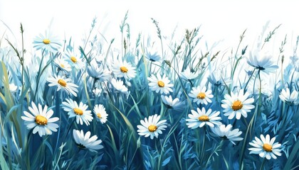 Hand-Painted Daisy And Gerbera Flowers In Fields: Vibrant Floral Artwork Of Spring And Summer Season With Soft Blue And Green Tones