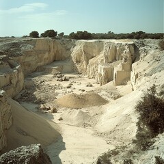 Quarry landscape showcasing mineral extraction in a natural environment during daylight