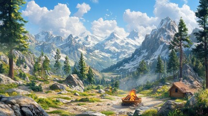 Mountain cabin campfire scene.