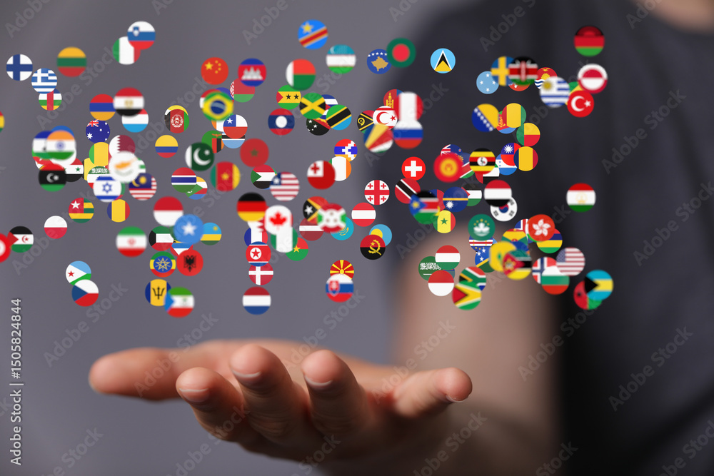 Poster image of diverse flags floating above a hand, symbolizing global connections and international colla