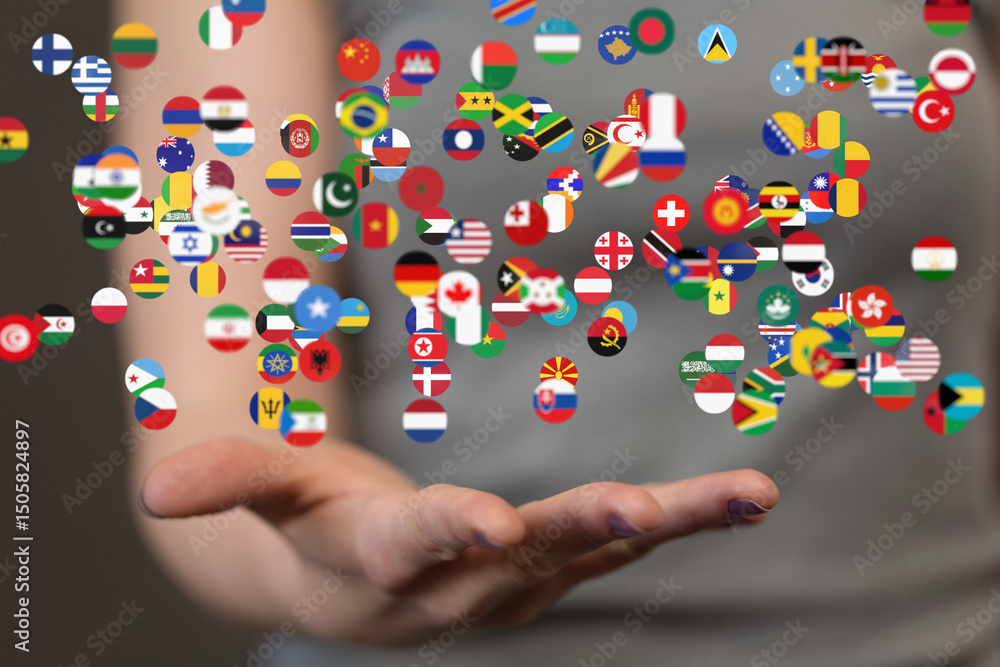 Poster image of a hand gently cradling numerous flags, symbolizing global unity and international collabora