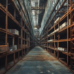 Obraz premium Abandoned warehouse with rusty shelves and empty aisles in a dimly lit industrial setting