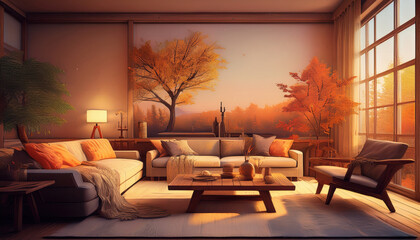 Fototapeta premium Cozy and welcoming living room featuring relaxing ambiance with warm autumn colors and beautiful view of nature