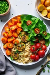A colorful and healthy vegetarian platter featuring roasted vegetables, quinoa, and a vibrant green salad Perfect for a light lunch or dinner , home cooking, ingredients, autumn vegetables