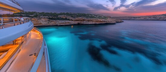 Luxury yacht at sunset, turquoise water, coast.