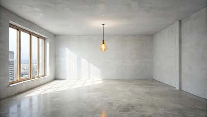 Fototapeta premium Spacious Empty Room with a Single Light Fixture and Sunlight Streaming Through a Large Window