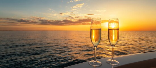 Romantic sunset champagne toast at sea.