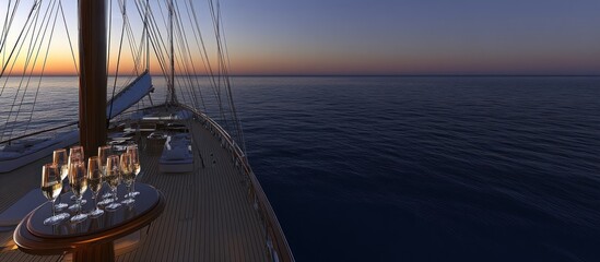 Sunset drinks on a luxury yacht at sea.