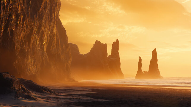 Breathtaking sunset over rocky coastline with formations along the beach - Powered by Adobe