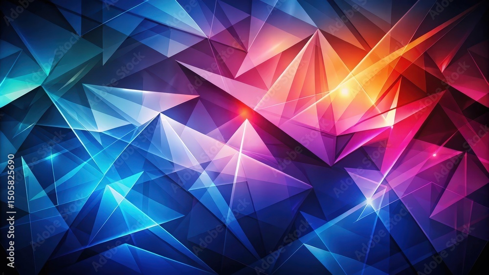 Poster abstract geometric pattern of intersecting triangles in shades of blue, red, and purple with glowing
