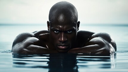 Muscular black man in water, intense gaze.