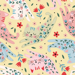 seamless pattern with cute floral cat