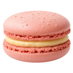 Close-up of a pink French macaron with creamy vanilla filling, isolated on a transparent background. 