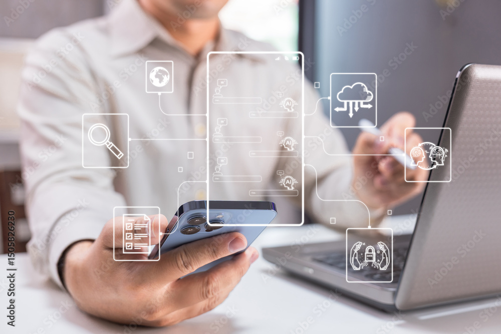 Poster a man uses a smartphone and laptop with digital cloud computing icons overlaying the image, symboliz