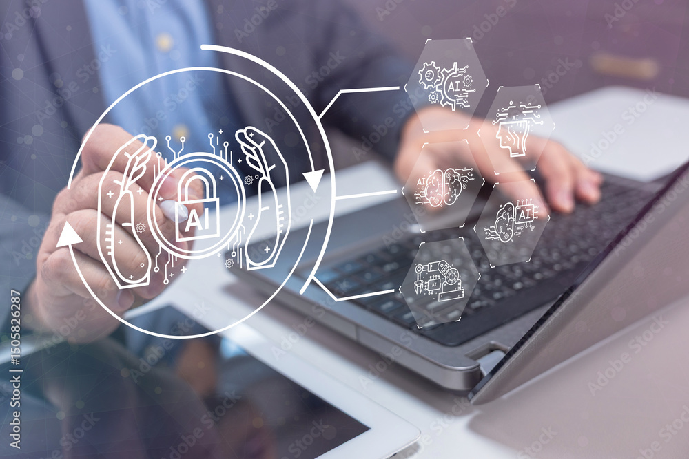 Poster a businessperson using a laptop interacts with digital ai interface graphics, symbolizing artificial