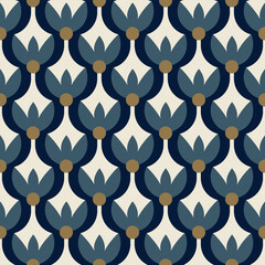Elegant scallop pattern small light flowers motif seamless classic blue floral background. Modern Japanese style fabric design textile swatch ladies dress allover print block. High resolution image.