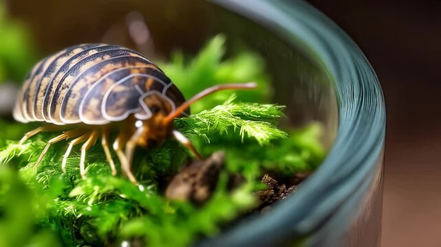 Close up shot of armadillidium vulgare crawling on green moss in glass container. Isopod with brown and black patterns.