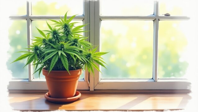 Fototapeta Growing cannabis plant indoors window view nature photography bright environment serene concept