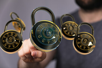 Image of combination locks emphasizing digital security, data protection, and password strength.