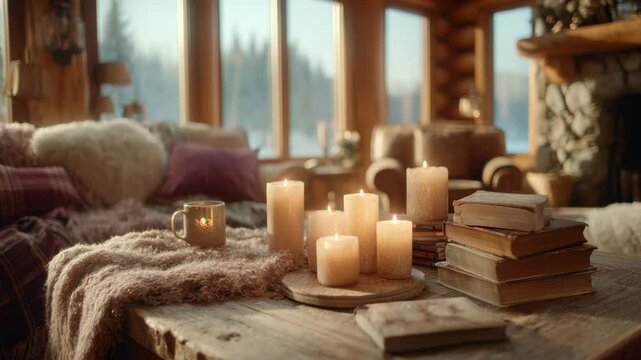 A cozy log cabin living room scene with burning candles, stacked books, a mug, and soft blankets on a rustic wooden table.