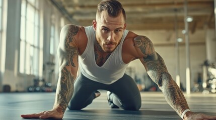 Muscular tattooed man in gym, low position.