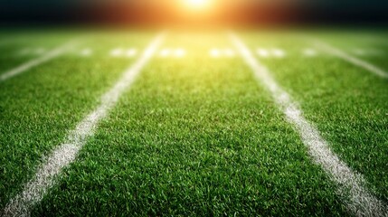 Obraz premium American football grass field with white yard lines, bright sunlight, vivid colors, close-up sports concept