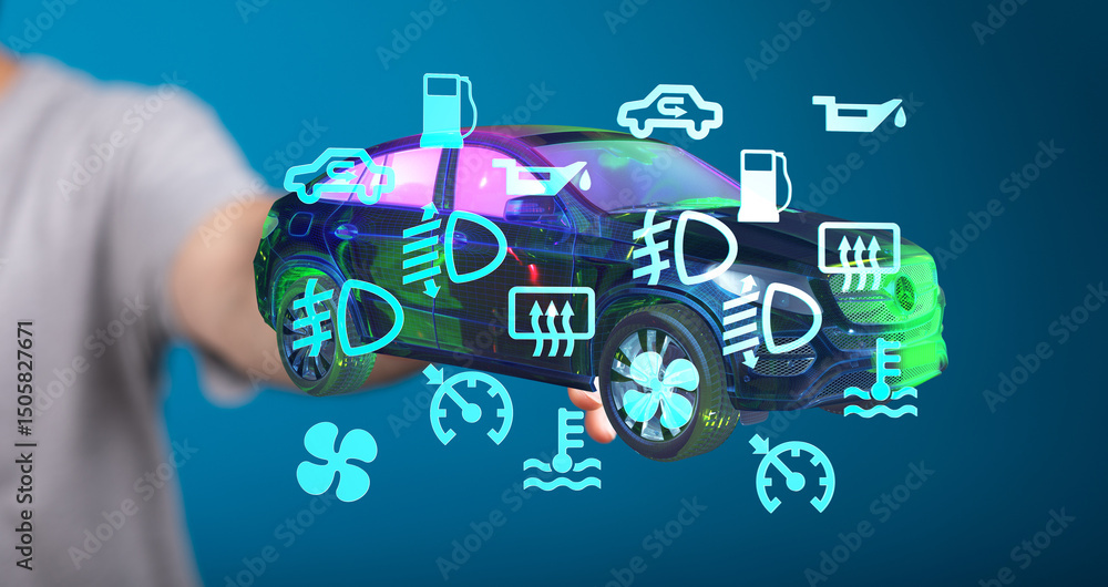 Poster modern car diagnostics. interactive dashboard showing engine, fuel, and temperature indicators.