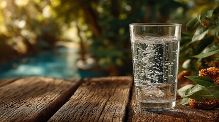 hydration affects digestive health. Glass of sparkling water on a rustic wooden table with leaves and blurred garden background, concept of refreshment and outdoor purity.