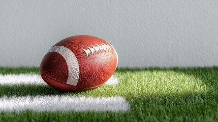 American football on green grass field with white yard lines, bright sunlight, vivid colors, close-up sports concept