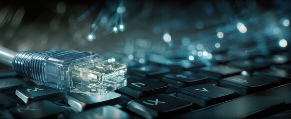 The Ethernet Cable Connected to a Keyboard with Glowing Data Transmission.