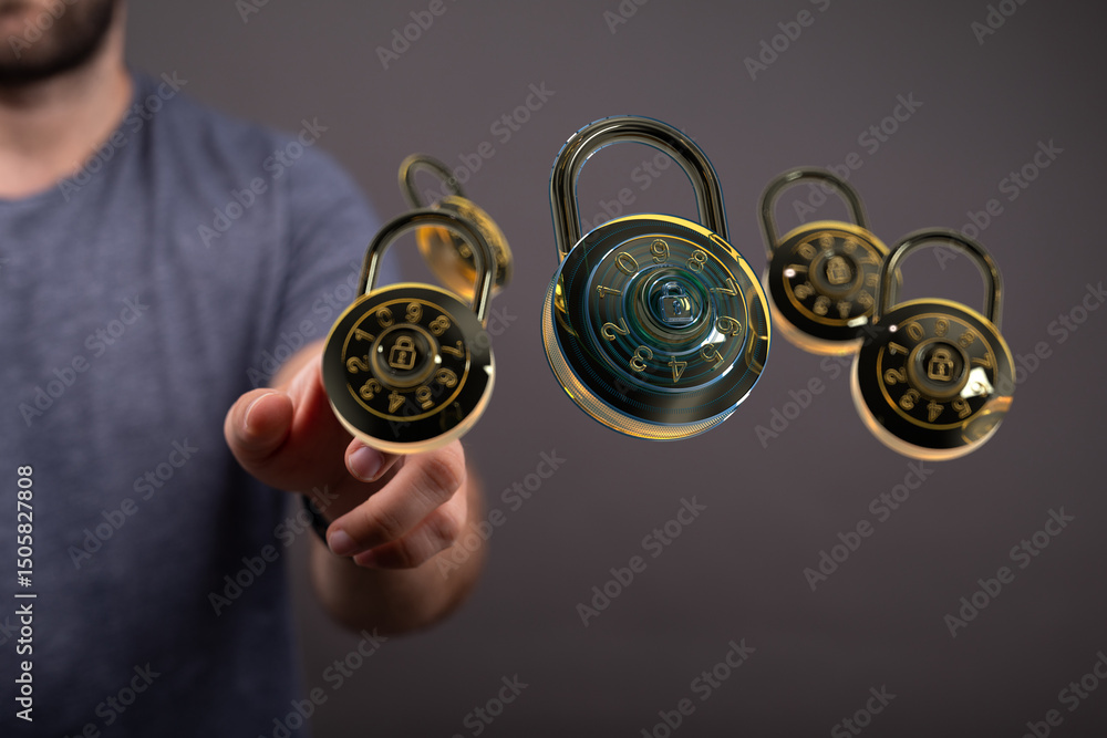 Aufkleber Image of a person interacting with digital combination locks, symbolizing online security and data protection.