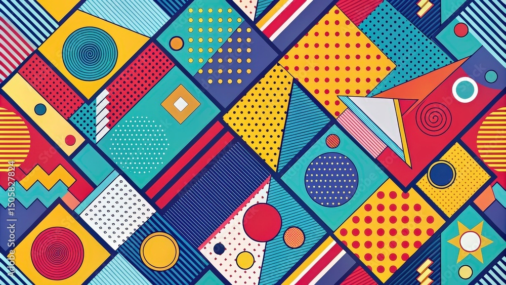 Poster A seamless pattern of bold geometric shapes and playful patterns in vibrant colors, perfect for a retro-inspired design project.
