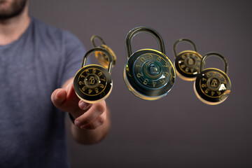 Image of a person interacting with digital combination locks, symbolizing online security and data...