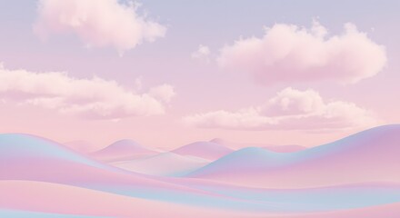 Dreamy pastel landscape, soft lines, gentle colors, fluffy clouds, rainbow mountains, minimalist