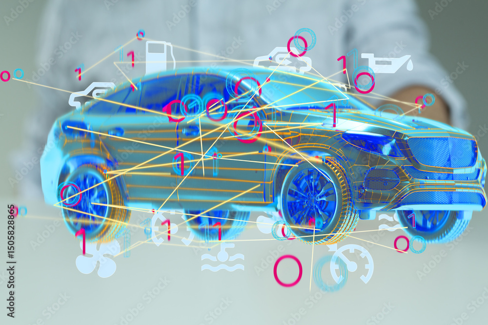 Poster Futuristic image depicting a car with a digital overlay showing connected car technology and data.
