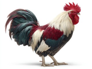 Fototapeta premium A vibrant rooster, showcasing its striking plumage of red, white, and teal.