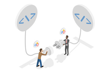 3D Isometric Flat  Illustration of Application Programming Interface , Programmer Establishes Connection Between Coding Programs