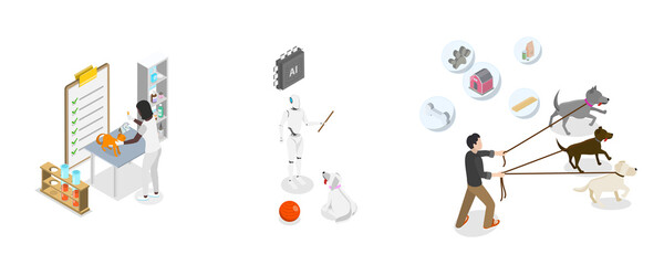 3D Isometric Flat  Illustration of Vet Services, Pet Caring, Helping and Rescuing